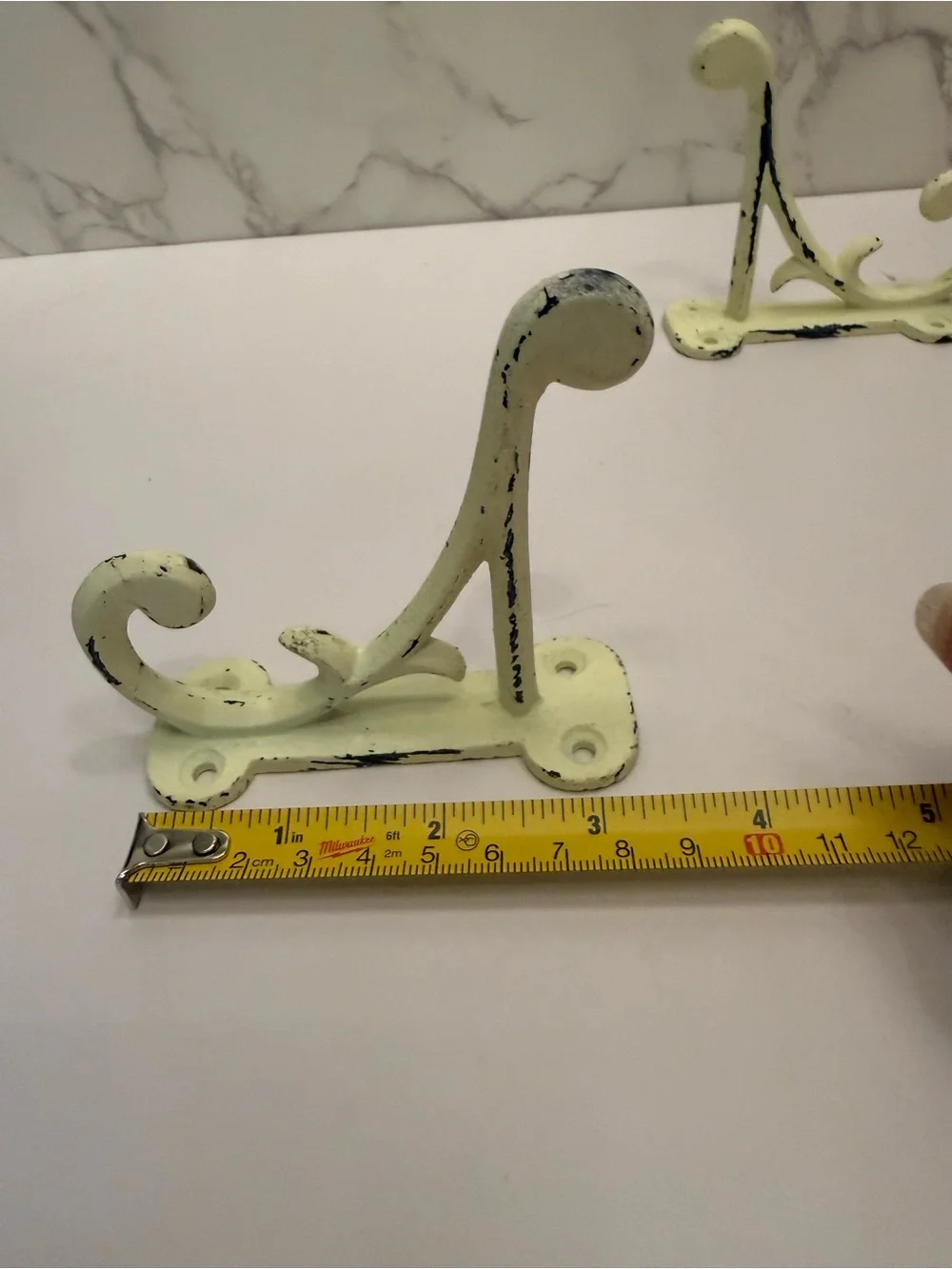 Rustic double-prong off white cast iron wall hooks distressed set of 2